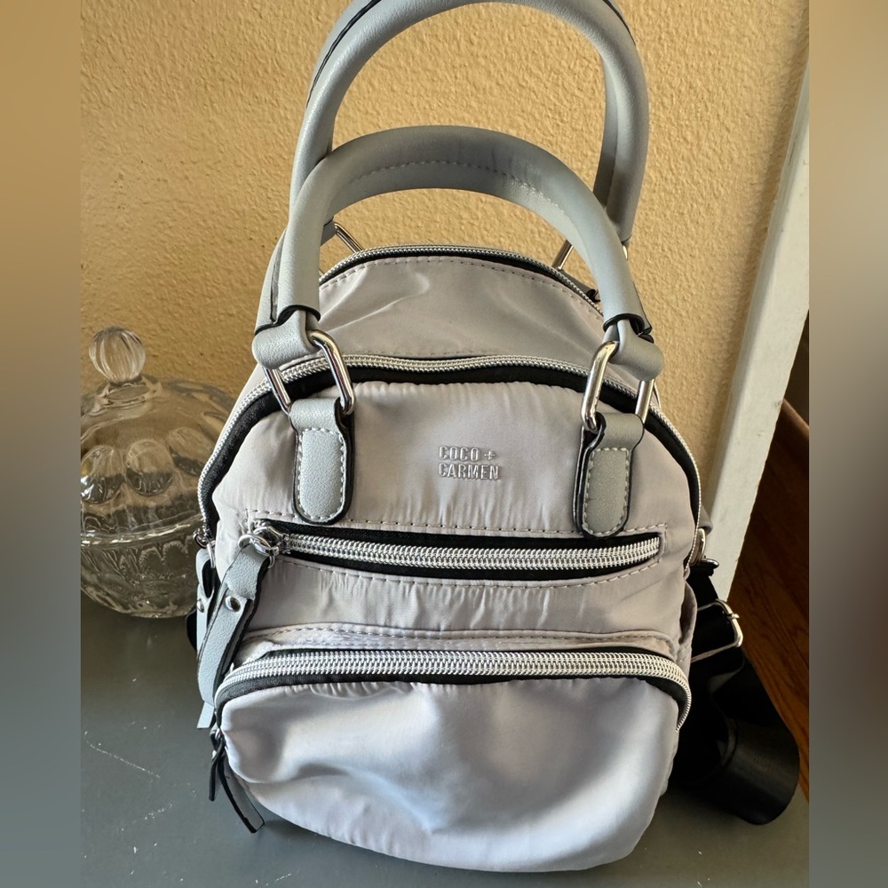 Coco + Carmen Light Gray Mini Backpack with Front Zip Pockets